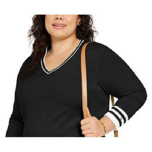 Maglione pullover da donna Tommy Hilfiger in cotone con scollo a V, taglia 1X, nero, per l'autunno - Product Image 2