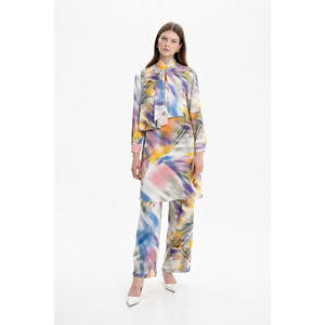 Ladies <b>Blue</b> Satin Patterned <b>Tunic</b> with Ruffle Detail Casual Long Bow Collar Top - Product Image 2