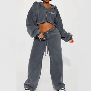 Conjunto de mujer al por mayor chándal recortado con cremallera informal lavado de manga larga/chándal de dos piezas transpirable de alta calidad para mujer - Product Image 1