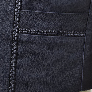 Chaleco de Motocicleta de Cuero Genuino Negro con Cierre de Botones en el Cuello en V, Prenda Exterior Transpirable de Otoño y Laterales Ajustables con Cordones - Product Image 6