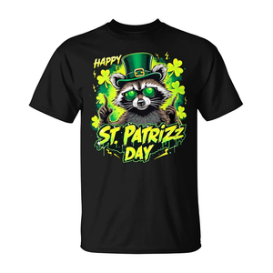 Camiseta St Pat Rizz Day Raccoon negra para hombre, cuello redondo, manga corta, impresión digital, camiseta promocional - Product Image 2