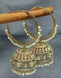 Pendientes Mehandi Hoop Zhumki Bali SKU-2189 E-1, Joyería Clásica para Bodas con Forma de Flor, Imitación de Rubí y Perla, Hechos de Latón - Product Image 4