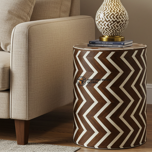 Handcrafted Brown <b>White</b> Bone Inlay Drum Side Table/<b>Nightstand</b> Chevron Pattern Accent End Table for Living Room Bedroom - Product Image 3