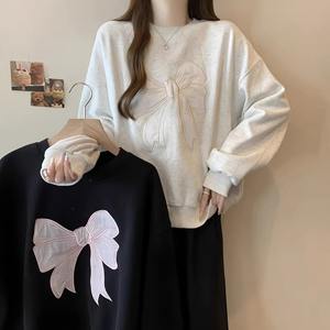 Blusa de manga larga para mujer de primavera y otoño, elegante sudadera vintage con cuello redondo, Camiseta holgada bordada coreana con patrón de lazo - Product Image 5