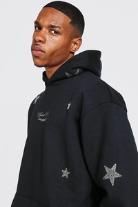 Ensemble de survêtement deux pièces en molleton de coton épais, imprimé, à capuche, avec strass, coupe oversize, style streetwear, et pantalon jogger évasé - Product Image 4