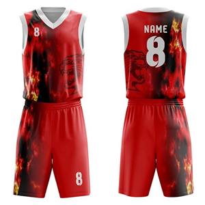 Sublimation vente en gros ensemble de maillots de basket-ball personnalisés Fire Design imprimé uniforme d'équipe respirant kit de vêtements de sport pour hommes shorts pour jeunes - Product Image 1