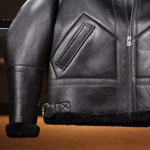 Chaqueta de Cuero para Hombre, Estilo Aviador, Forrada con Borrego, con Cuello Alto, Impermeable y Cortavientos, de Cuero Premium - Product Image 3