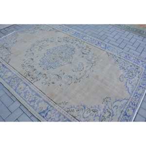 Alfombra turca vintage Beige Púrpura 5,7X8,9 pies Tejido plano de lana con patrón de retazos para decoraciones de sala de estar - Product Image 4