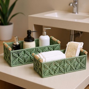 Stylish Set Of 2 Rectangular Macrame Fibre <b>Baskets</b> Ideal For Makeup Skincare Bathroom Essentials Organising From India - Product Image 5