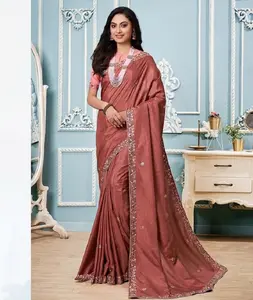 Indian Ethnic Wear Vichitra silk Saree C-pllu Work with Embroidery Threads Work Saree and Heavy Banglory blouse with Heavy Work