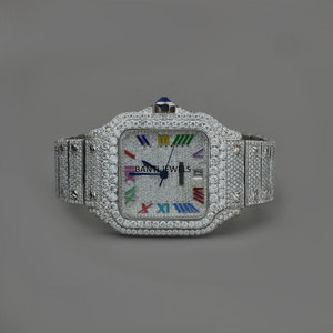 Reloj de Lujo Antiguo con Incrustaciones de Moissanita, Esfera de Cristal, Números Romanos Arcoíris, Acero Inoxidable, Diseño Personalizado Hip Hop - Product Image 3