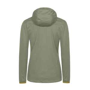 เสื้อแจ็คเก็ตซอฟต์เชลล์แบบมีฮู้ดสีเขียวมะกอกสำหรับผู้หญิง สั่งทำพิเศษพร้อมโลโก้ตามต้องการ ซิปสีเหลืองและกระเป๋า ผลิตจากผ้าฝ้ายและโพลีเอสเตอร์ รุ่นปี 2026 - Product Image 2