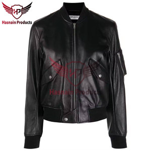 Veste en cuir véritable noir pour femme, col côtelé, poches à rabat en peau de mouton, veste bomber MA1, vêtements d'extérieur chauds personnalisés pour l'automne et l'hiver - Product Image 2