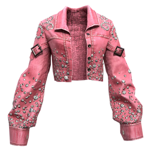 SEWARD SPORT Pink Studded PU Leather <b>Jacket</b> Women Washed Raw Edge Puff Sleeve Casual Streetwear Crop Polyester Wadding Filled - Product Image 1