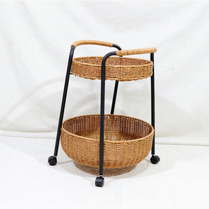 Chariot en osier à 2 niveaux panier rond cadre en métal avec roues organisateur tissé à la main pour la maison et le bureau - Product Image 4