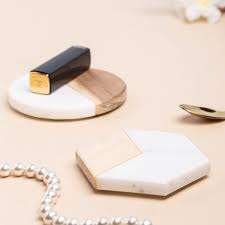 Décoration de table de dessous de verre demi-bois et demi-marbre marron rond classique avec dessous de verre en bois et en marbre pour la maison ou le bureau - Product Image 2