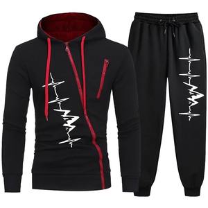 Marque hommes décontracté fermeture éclair hiver sport costume 100% coton veste pantalon à capuche col solide motif hiver vêtements de sport ensemble de vêtements - Product Image 2