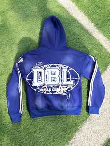 Sweat à capuche imprimé personnalisé délavé à l'acide à ourlet brut et pantalon de survêtement évasé survêtement à rayures latérales pour hommes - Product Image 3