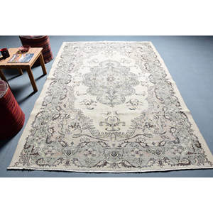 Classique Beige Gris Floral Turc Laine Écologique Moyen Pile Tapis 6 X 8.8ft À La Main Rectangle Patchwork Conception Salle À Manger - Product Image 1