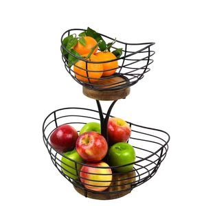 2-tầng cổ điển dây giỏ trái cây với cơ sở bằng Gỗ Nhà Bếp truy cập trái cây Bát đứng cho thực phẩm làm sạch nguồn cung cấp Giày gia vị Túi - Product Image 5