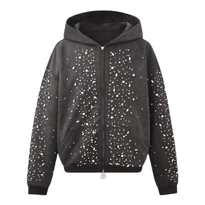 Venta al por mayor de sudaderas con diamantes de imitación Streetwear Unisex Oversized Zip up Suede Rhinestone personalizado sudaderas con capucha y sudadera para los hombres - Product Image 3