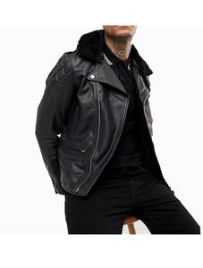 Veste en cuir pour motard pour homme, style matelassé, moto, café racer, motards, cuir véritable, col en fourrure de mouton amovible - Product Image 5