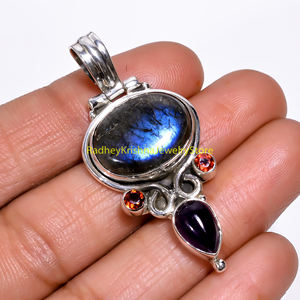 Blue Fire Labradorite Red Garnet And Purple <b>Amethyst</b> Pendant 925 Sterling Silver Pendant Handmade Statement Pendant - Product Image 2