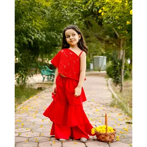 Conjunto Sharara de Georgette Rojo para Mujer Bordado - Product Image 2