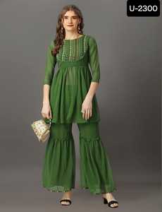 Traje étnico indio Georgette Sharara para mujer hermoso encaje Kurtis con espejo trabajo cuello patrón ropa paquistaní - Product Image 5