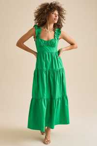 Sin espalda largo elegante cuello cuadrado volante suelto ajuste sin mangas con elástico verano Casual señoras hasta la rodilla verde escalonado Maxi - Product Image 6