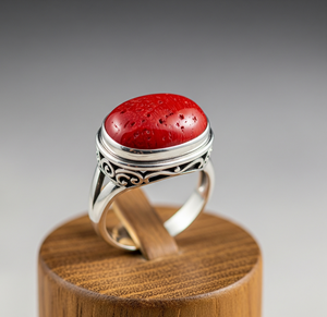 Anillo de Coral Rojo Natural con Engaste de Aleación Personalizado, Joyería de Moda para Bodas y Fiestas, Chapado en Rodio, Regalo - Product Image 5