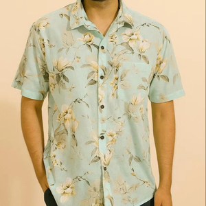 Camisa informal azul ajustada para hombre con cuello extendido estampado 100% algodón transpirable para verano - Product Image 1