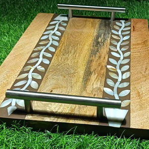 Bandeja de lujo con mango de madera con incrustaciones de madreperla hecha a mano Ramadán Mubarak Postre y plato para servir Fecha Eid Mubarak especial - Product Image 1