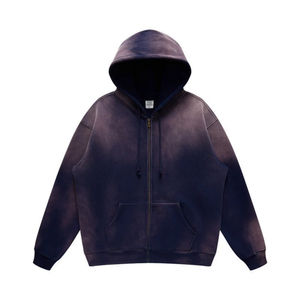 Sudadera con capucha y cremallera lavada al sol para hombre, sudaderas con cremallera transpirable de algodón 100% de Color sólido, estilo único, holgado, cálido - Product Image 1