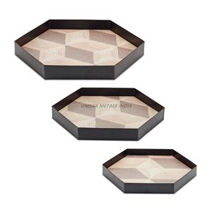 Elegante juego de bandejas para servir hexagonales de madera negra y natural con diseño geométrico perfecto para la decoración y el entretenimiento modernos del hogar - Product Image 5