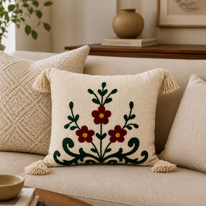 Cojín Decorativo Bordado a Mano con Flores de Algodón y Borlas, con Relleno, Diseño de Enredadera de Flores Rojas, para Sala de Estar - Product Image 5