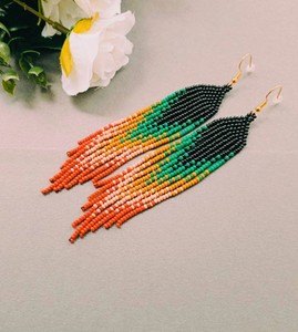 Beaded <b>Earrings</b>, Green <b>Red</b> Long <b>Earrings</b>, Fringe <b>Earrings</b>, Boho <b>Earrings</b>, Seed Bead <b>Earrings</b> - Product Image 3