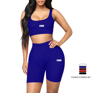 โลโก้ที่กําหนดเอง 2024 แฟชั่นฤดูร้อนแขนกุด Crop TOP และกางเกงขาสั้นเอวสูงเสื้อผ้าผู้หญิง 2 ชิ้นชุดสั้น - Product Image 1