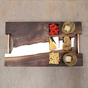 Handmade Kitchen <b>Top</b> Decorative Epoxy Resin Wood Serving Tray Luxury Metal Handle <b>Dishwasher</b> Microwave Safe Polished Finish - Product Image 2
