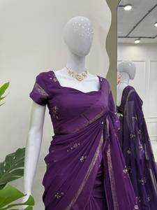 Bollywood-Style Indian Pakistani Viscose Saree with Thread <b>Sequin</b> Embroidery Designer Partywear Blouse Set Included - Product Image 4