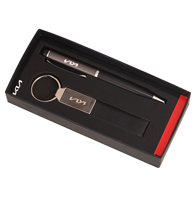 Ensemble de 2 stylos métalliques à points personnalisés avec des pièces en métal chromé, porte-clés en cuir végétalien en acier inoxydable pour cadeaux d'entreprise