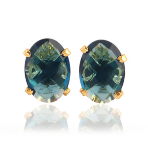 Hypoallergenic Studs Dainty Oval Shape London Blue Quartz Bezel Setting <b>Screw</b> <b>Back</b> Stud <b>Earring</b> 18k <b>Gold</b> Plated Minimalist Studs - Product Image 3