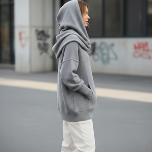 เสื้อฮู้ดผู้หญิงแฟชั่นผ้าผสมโพลีเอสเตอร์/คอตตอนคุณภาพสูง ทรงโอเวอร์ไซส์ แต่งผ้าริบ ด้านหน้าลำลอง สำหรับฤดูหนาว - Product Image 3