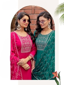 2025 elegante seda Kurti Plazo con Dupatta conjunto catálogo en línea de las mujeres vestidos al por mayor para fiesta de verano e invierno - Product Image 4