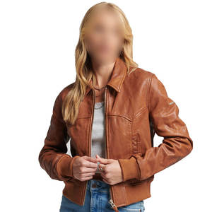 Chaqueta de cuero genuino para mujer con cuello estándar de calidad premium a prueba de viento de color negro y marrón superventas de INCREÍBLES - Product Image 1