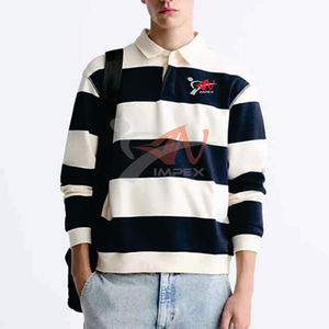 Nouvel arrivage de polos de rugby de qualité respirants bicolores bicolores à 3 boutons 100% coton à manches longues et à rayures pour hommes - Product Image 4