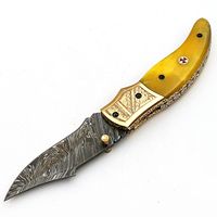 Couteau pliant artisanal industriel ZR ZT-F10 en acier Damas, manche en os de chameau jaune, étui en cuir, support OEM, lame en acier