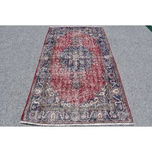 Vintage turc 4x6ft laine tapis Style classique grande surface Rectangle Patchwork rouge bleu Latex & nouveau jonc de mer abstrait chambre décor - Product Image 1