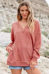 Sweat-shirt à capuche à manches longues de couleur unie à col en V, design personnalisé, best-seller en gros, sweat-shirts personnalisés pour femmes - Product Image 4