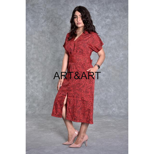 เดรสคอวีผ้าไหมสำหรับปาร์ตี้น่ารักน่ารักใหม่สวยลำลองระบายอากาศเป็นมิตรกับสิ่งแวดล้อมความยาวมิดิพิมพ์ลายดิจิตอลสีแดงไม่ซ้ำใคร - Product Image 4